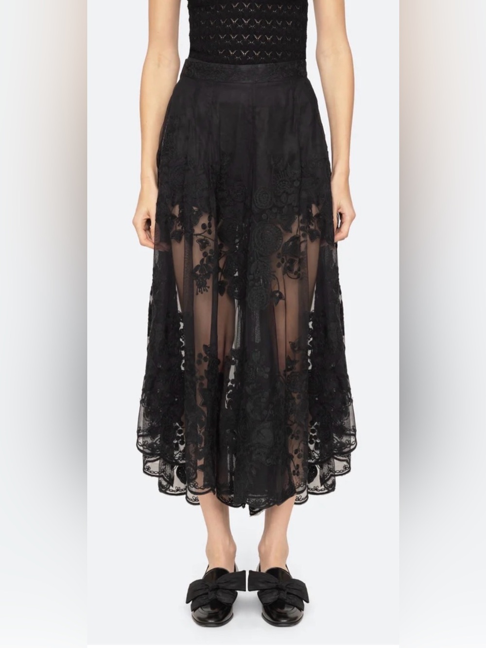 Sea New York Arielle Black Floral Lace Flared Pants Sheer $465